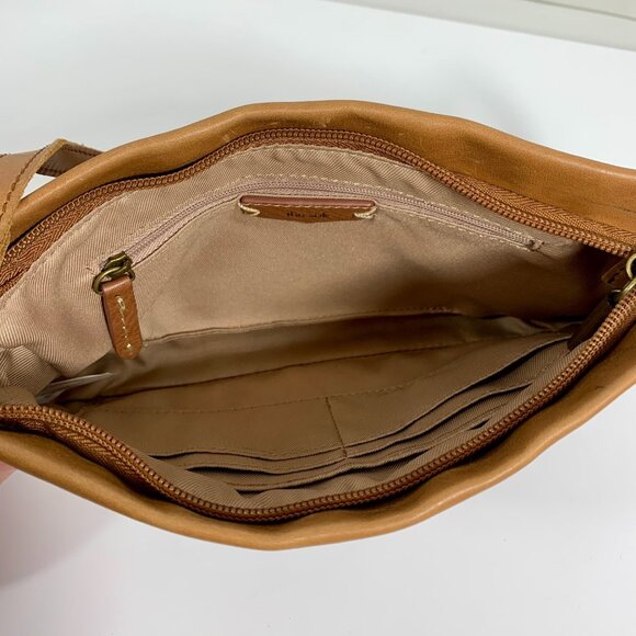 Minimalist THE SAK Flora Soft Leather Small Satchel Crocheted Trim Camel Tan - Picture 10 of 13